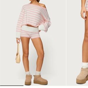 Pink and White Striped Sweater and Shorts Set